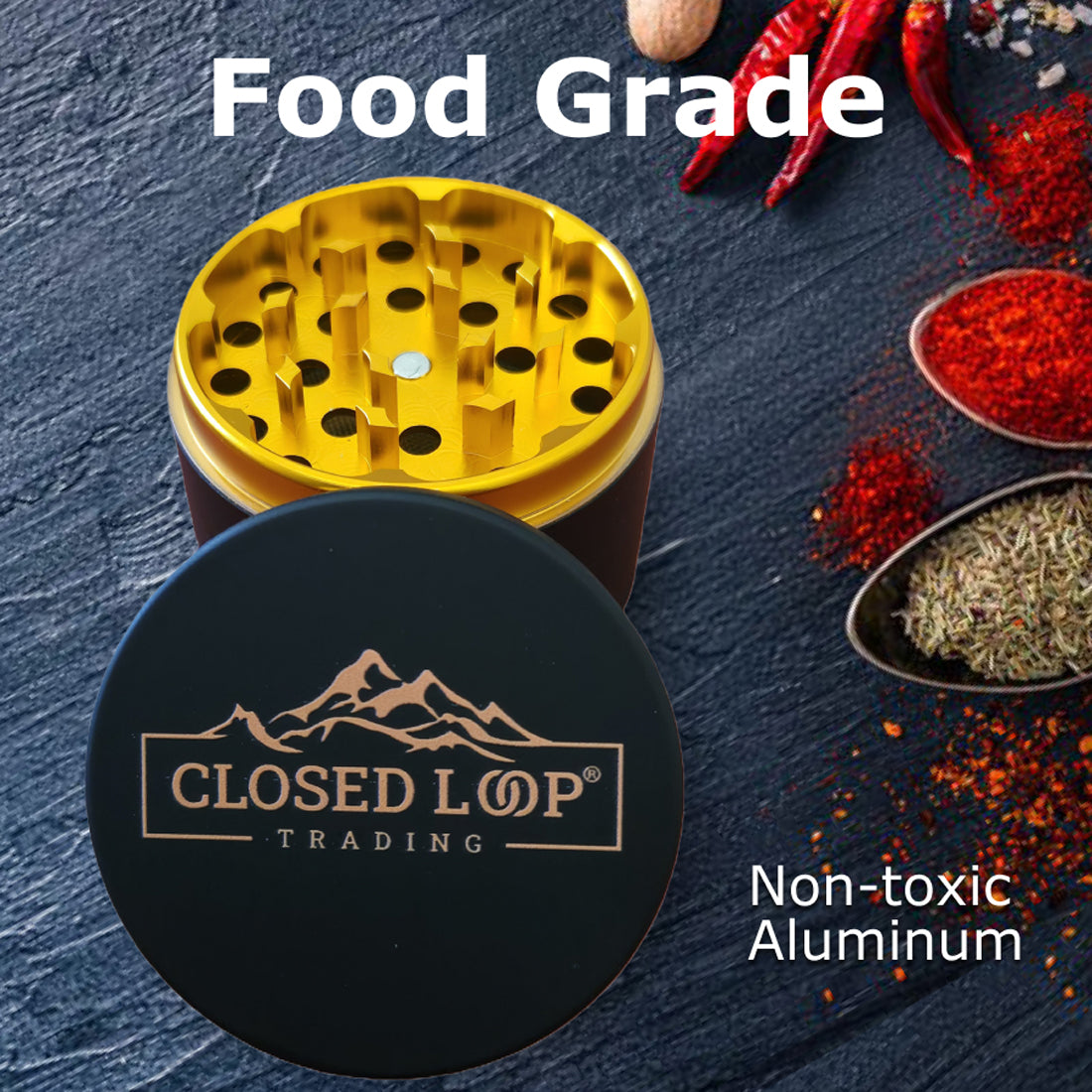 Aluminum Herb & Spice Grinder – 2.5" Matte Grip, Manual Mill, Food-Grade Aluminum | Closed Loop Trading